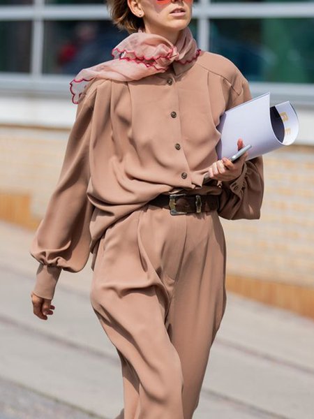 

Urban Plain Shirt Collar Loose Blouse, Brown, Blouses and Shirts
