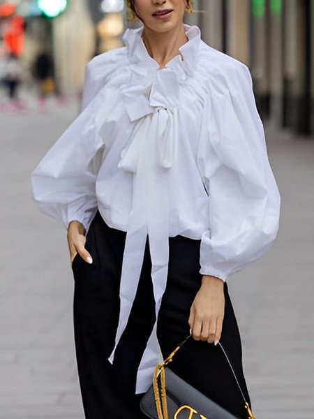 

Loose Plain Long Sleeve Elegant Blouse, White, Blouses and Shirts