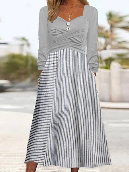 

Striped V Neck Casual Loose Dress, Gray, Dresses