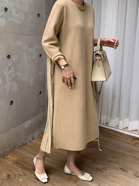 

Urban Plain Crew Neck Loose Pleated Dress, Khaki, Maxi Dresses
