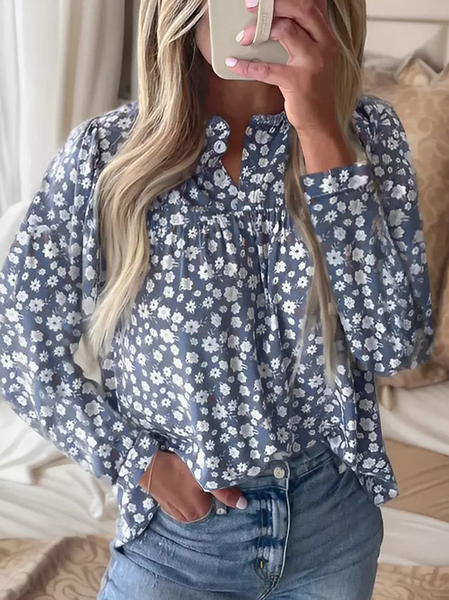 

Loose Casual Buckle Floral Shirt, Blue, Shirts & Blouses