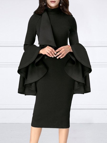 

Tight Plain Elegant Half Turtleneck Dress, Black, Midi Dresses