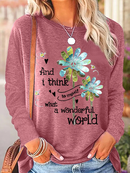 

Women's And I Think To Myself What A Wonderful World Daisy Crew Neck Cat Regular Fit Casual Shirt, Pink, Long sleeves
