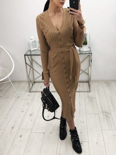 

Long Sleeve Elegant V Neck Plain Sweater Dress With Belt, Khaki, Maxi Dresses
