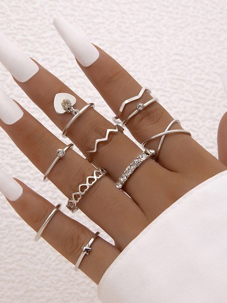 Minimalist Rhinestone Multi-piece Ring Set, Silver, Rings