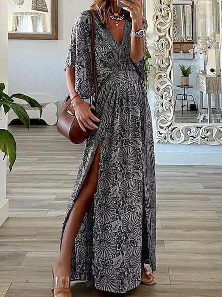 

Geometric V Neck Boho Dress, Gray, Dresses