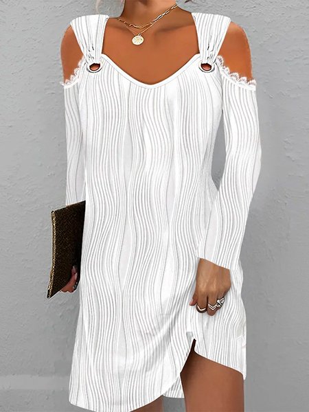 

V Neck Casual Lace Edge Dress, White, Dresses