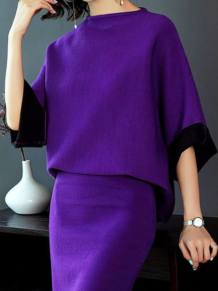 

Micro-Elasticity Urban Color Block Loose Stand Collar Short Sleeve Sweater, Purple, Sweaters