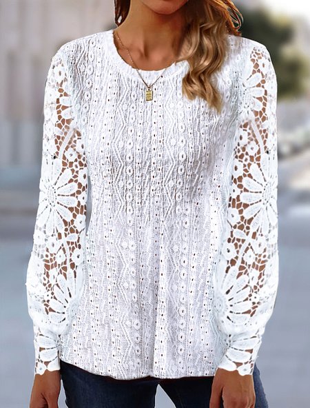 

Crew Neck Casual Loose Lace Shirt, White, Tunics