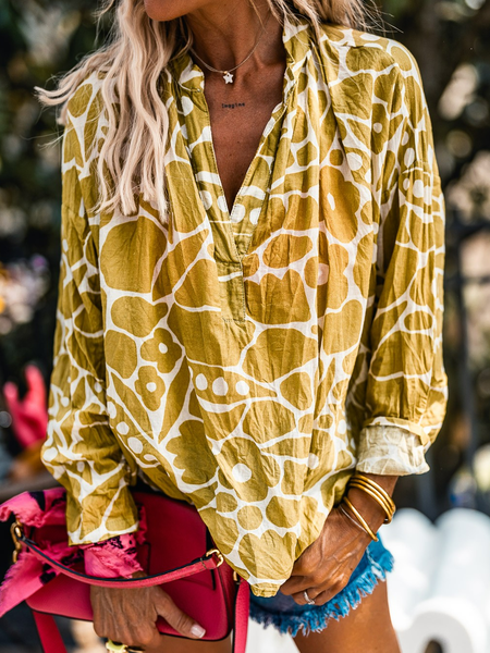 

Geometric V Neck Casual Regular Fit Blouse, Yellow, Shirts & Blouses