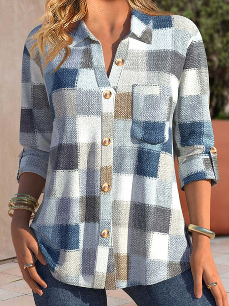 

Shawl Collar Loose Plaid Casual Blouse, Blue, Shirts & Blouses
