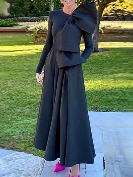 

Crew Neck Elegant Plain Regular Fit Dress, Black, Maxi Dresses