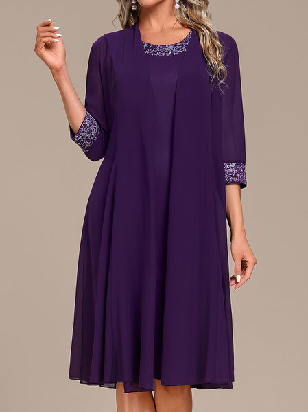 

Plain Crew Neck Elegant Two-Piece Set, Purple, Suit Set
