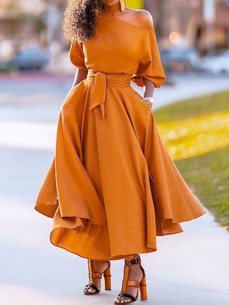 

Elegant Asymmetrical Plain Regular Fit Dress, Yellow brown, Maxi Dresses