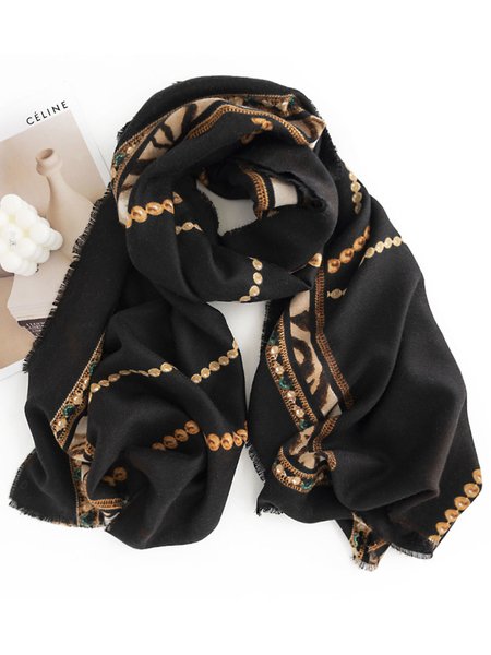 

Pearl Jewelry Print Black Fringe Scarf Shawl, Women Scarves & Shawls