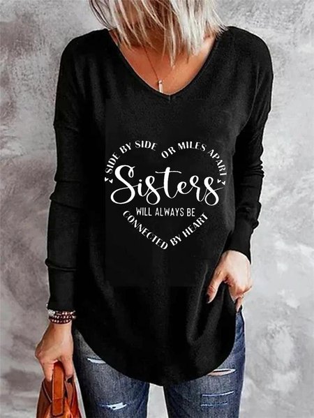 

Women's Sister Text Alphabet Regular Fit Casual V-Neck T-Shirt, Black, T-Shirts