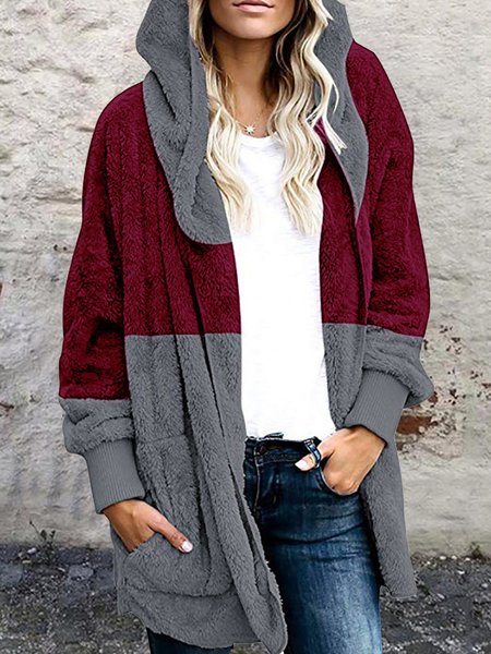 

Color Block Hoodie Casual Loose Teddy Jacket, Wine red, Coats