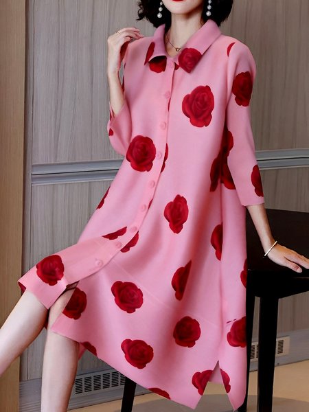 

Floral Shirt Collar Loose Elegant Dress, Pink, Mini Dresses