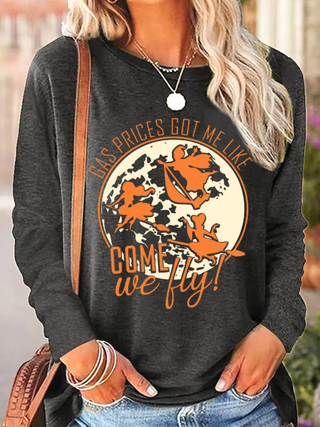

Women's Gas Prices Come We Fly Shirt Halloween Casual Regular Fit Long Sleeve Shirt, Gray, Long sleeves