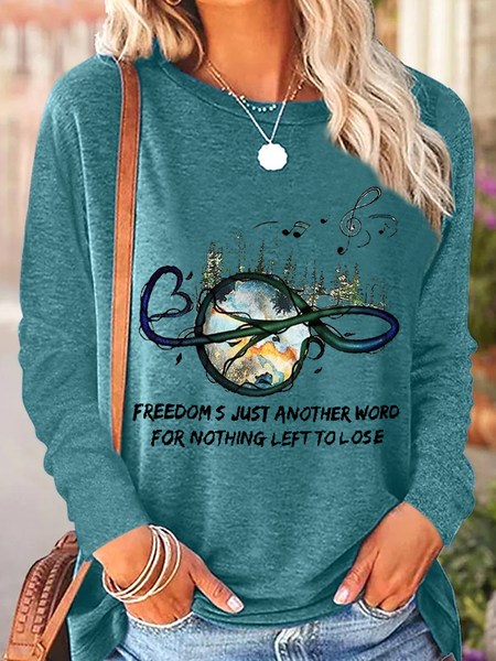 

Women's Freedom‘s Just Another Word Musical Note Graphic Crew Neck Casual Text Letters Shirt, Green, Long sleeves