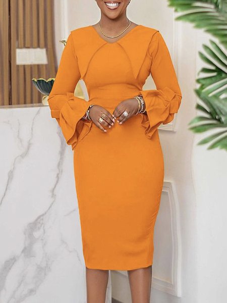 

Long Sleeve Plain Tight Crew Neck Elegant Dress, Orange, Midi Dresses