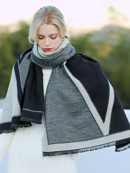

Black Gray and White Geometric Contrast Color Tassel Imitation Cashmere Warm Scarf, Scarves