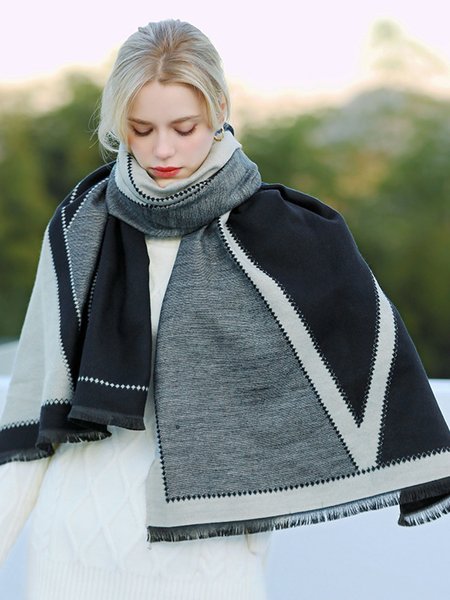 

Black Gray and White Geometric Contrast Color Tassel Imitation Cashmere Warm Scarf, Women Scarves & Shawls