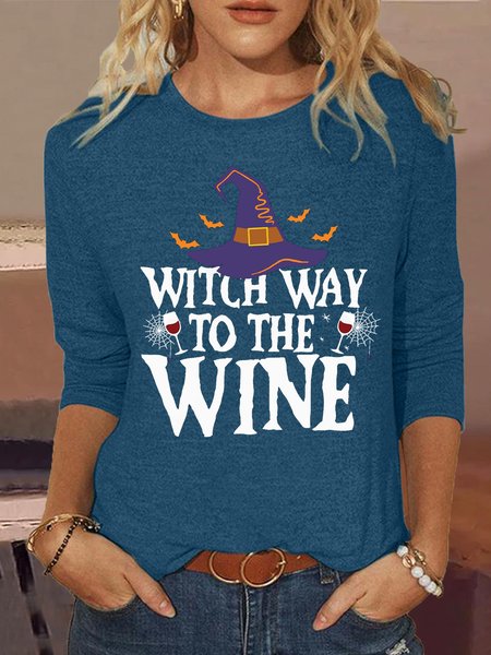 

Women's Witch Way To The Wine Halloween Witch Casual Shirt, Blue, Long sleeves