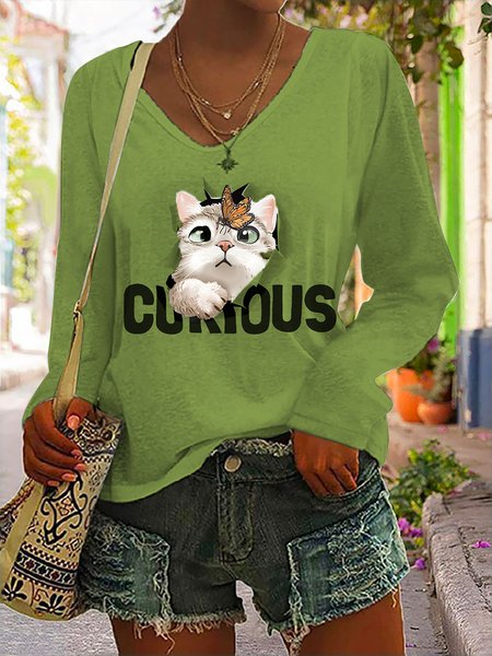 

Casual Cat Loose V Neck T-Shirt, Green, T-Shirts