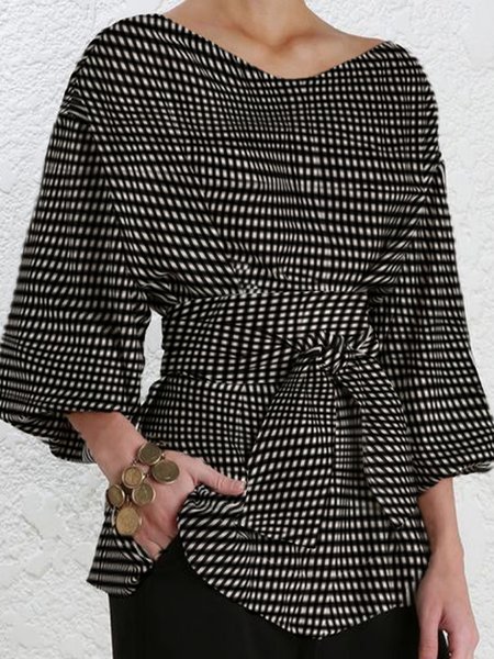

Plaid Urban Loose Crew Neck Shirt, Black, Blouses and Shirts