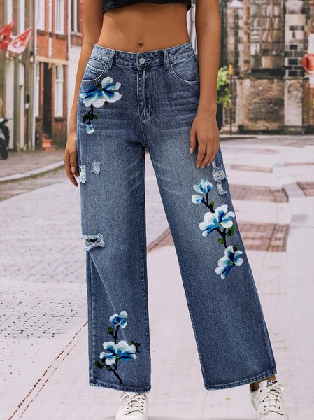 

Embroidery Floral Casual Jeans, Blue, Jeans