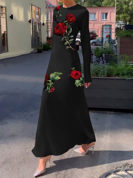 

Floral Elegant Crew Neck Maxi Dress With No Belt, Black, Maxi Dresses