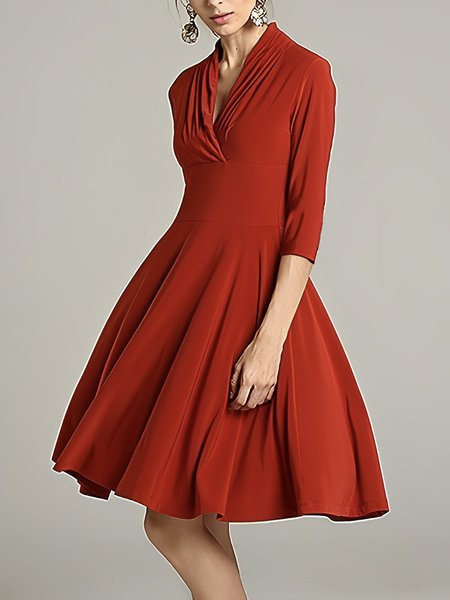 

Midi Elegant Regular Fit V Neck Plain Dress, Red, Midi Dresses