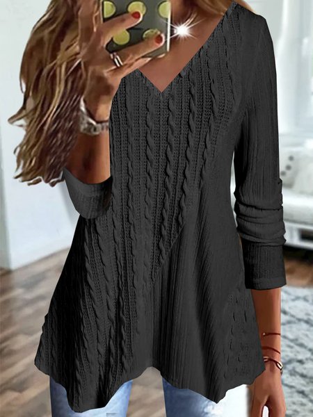 

V Neck Loose Plain Patchwork Fabric Casual Tunic Top, Black, Shirts & Blouses