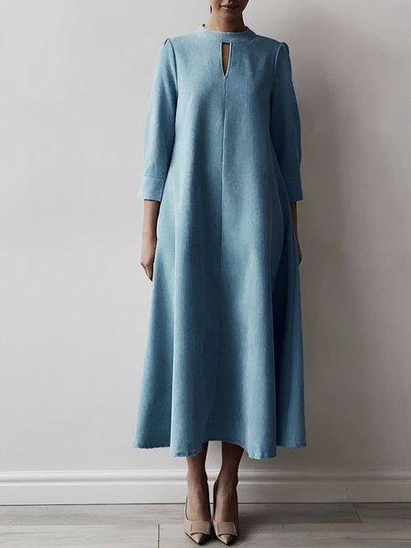 

Stand Collar Plain Regular Fit Urban Dress With Belt, Blue, Maxi Dresses
