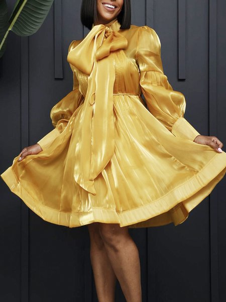 

Long Sleeve Regular Fit Plain Others Elegant Dress With Belt, Yellow, Midi Dresses