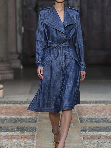 

Shawl Collar Long Sleeve Urban Loose denim Mid-long Trench Coat, Denim blue, Blazers