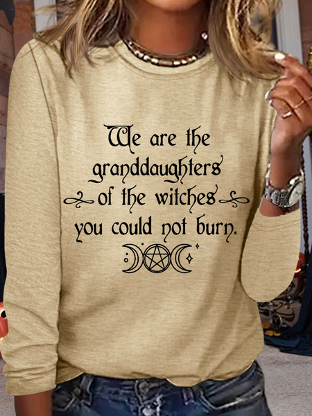 

Halloween We Are The Granddaughters Of The Witches You Could Not Burn Crew Neck Cotton-Blend Casual Long Sleeve Shirt, Khaki, Long sleeves