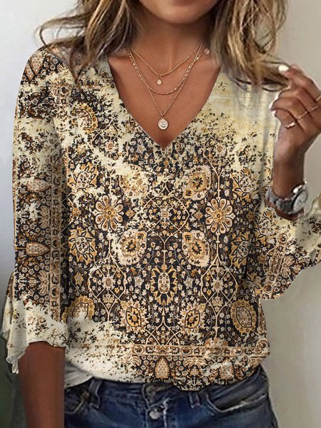 

Casual V Neck Loose T-Shirt, Khaki, T-Shirts