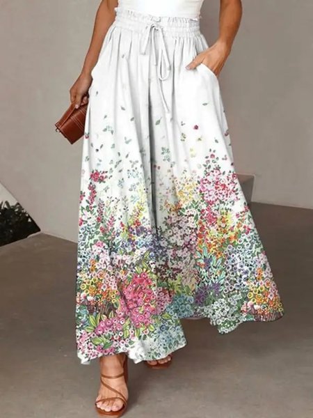 

Floral Loose Casual Pants, White, Pants