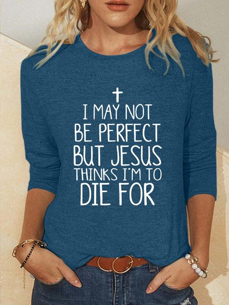 

Women‘s I May Not Be Perfect Letter Print Shirt, Blue, Long sleeves