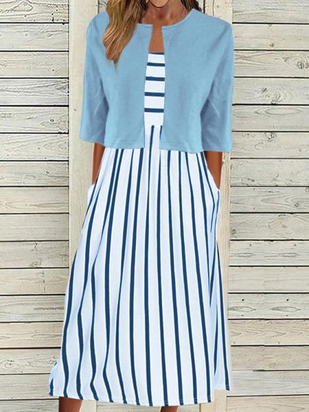 

Elegant Two Pieces Crew Neck Striped Pockets Sleeveless Midi Dress With Solid Open Front Half Sleeve Jacket, Blue, Suits