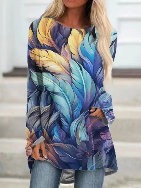 

Loose Feather Pattern Casual Shirt, Blue, Shirts & Blouses