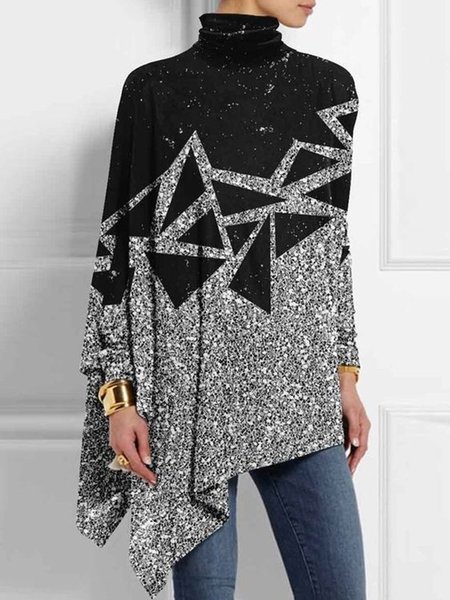 

Turtleneck Loose Geometric Urban Shirt, Black, Blouses and Shirts