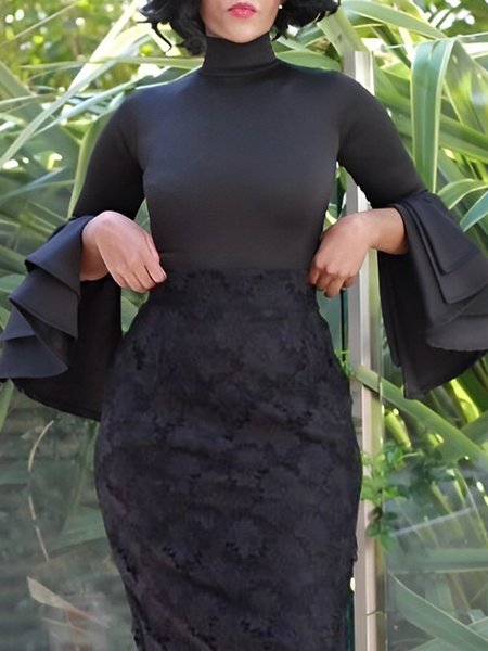 

Long Sleeve Turtleneck Tight Plain Elegant T-Shirt, Black, Blouses and Shirts