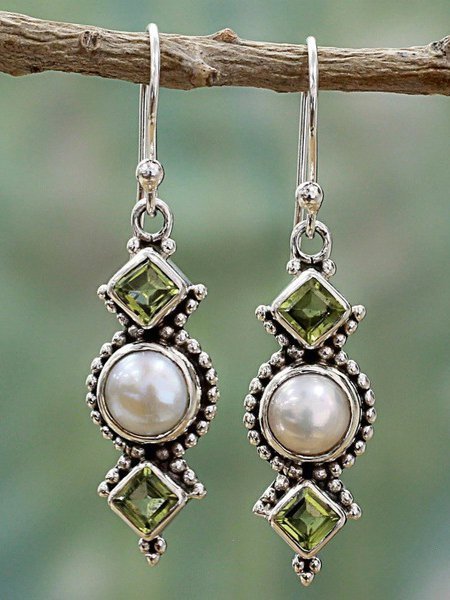 

Imitation Pearl Green Geometric Rhinestone Vintage Dangle Earrings, As picture, Earrings