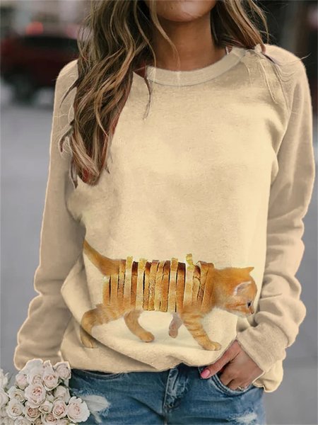 

Funny Bread Cat Knitted Loose Sweater, Light khaki, Sweatshirts & Hoodies