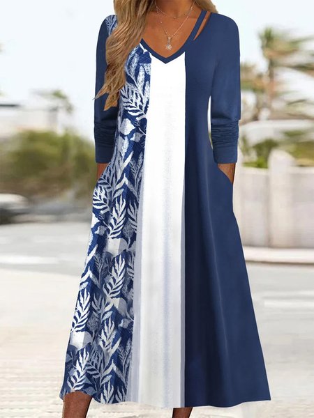 

Leaf Casual Loose V Neck Dress, Blue, Dresses