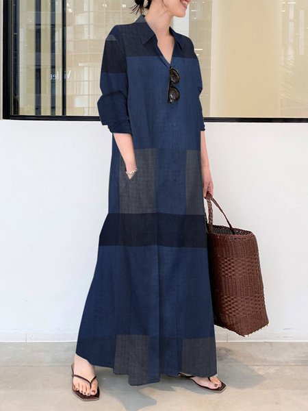 

Geometric Loose Shirt Collar Urban Dress, Deep blue, Maxi Dresses
