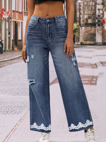 

Loose Floral Denim Casual Jeans, Blue, Jeans